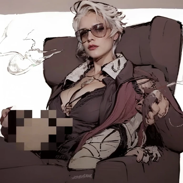 rating_explicit, beautyful woman, perfect face, detailed, lady from devil may cry, black bra, black pants, sexy face, milf, sit, crossed legs