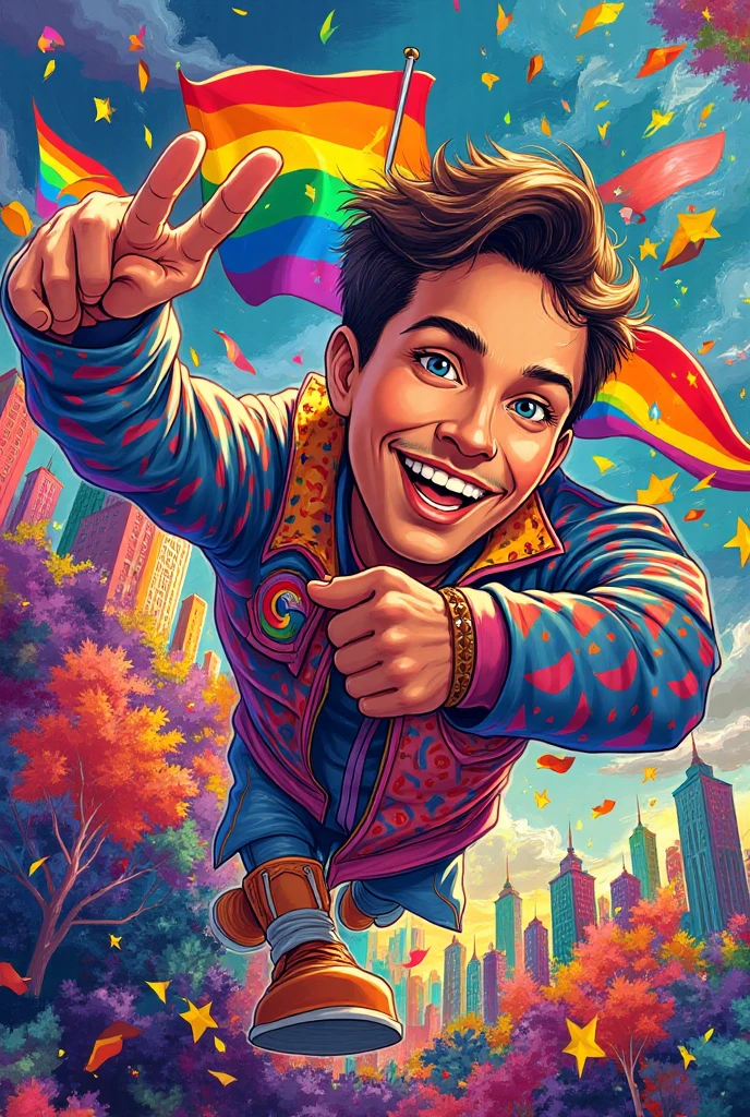 The character in the picture is waving, holding a lgbt flag 