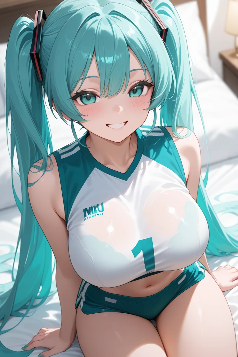 {{{NSFW}}},{{{masterpiece:1.2}}},{{{best-quality:1.2}}},{{{ultra-quality:1.2}}},{{ultra-detailed:1.2}},{{{ultra-highres:1.2}}},{{{ultra-high-resolution:1.2}}},{{{extremely-detailed-CG-unity-8k-wallpaper}}},Mejiro Ardan\(umamusume\),{1 girl,beautiful girl,18 yo,cute,smile,kawaii, lovely,blushing,playful expression},oily skin,beautiful detailed hair,glossy hair,(wear sports uniform:1.5),(lying on the bed:1.2),wear buruma,perfect two legs,(spread two legs:1.2),five fingers,(large breaths),beautiful detailed eyes,jewel like eyes,blue eyes, (two hands behind head:1.1),open mouth,armpits,beautiful navel,  looking at viewer,collarbone,earring