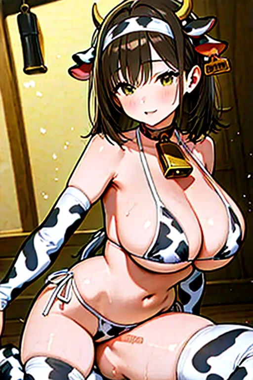 ((Cow pattern on body)), [dark skin:1.1], (masterpiece), best quality, highly detailed face, expressive eyes, perfect hands, Professional Photography, Girl Cow, ((short brown curly hair)), cow bell, (cow horns), cow ears, ((heterochromia eyes)), eyeliner, thick eyebrows, smiling, Huge breast:1.1, hourglass body, slim waist, (hips:1.1), long legs, (Velvet flapper-style yellow dress), (T-strap heels), ((long pearl necklace)), (feathered headband), beaded clutch, (yellow thigh-highs with suspenders), 
BREAK, 
mini dress with jingle bell details, striped leggings, pointy-toed shoes, and a Santa hat, perfect for spreading holiday cheer as Santa's helper