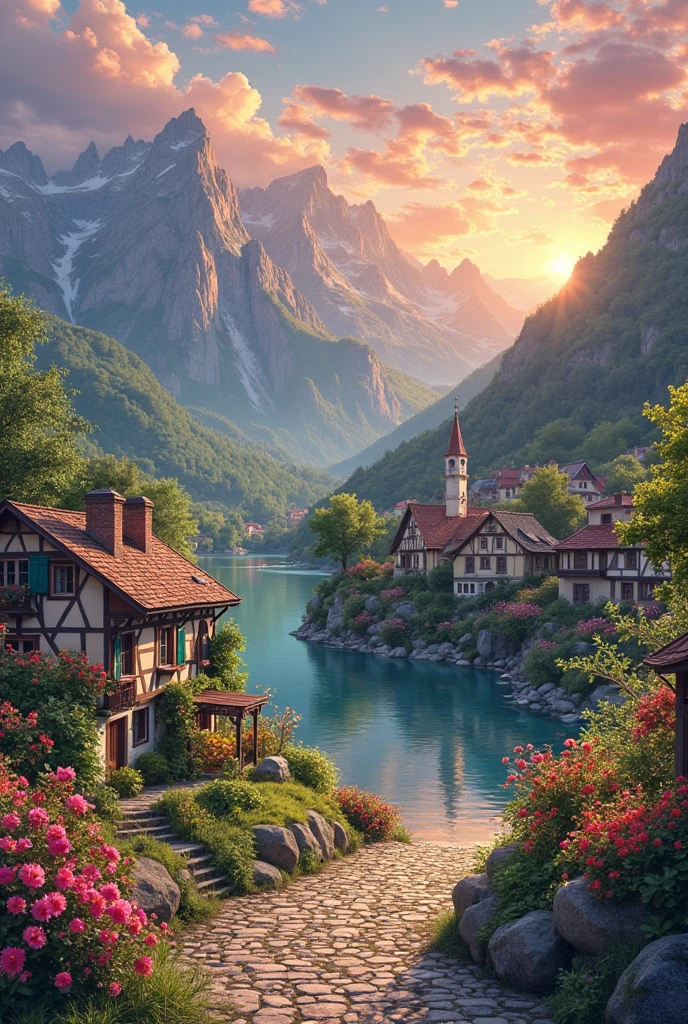 A small village by the river, mountains in the background, colorful flowers, detailed landscape style, beautiful natural scenery, atmospheric lighting,  scorching sunset ,  warm colors, practical, photographic, detailed foliage, complex buildings , cobblestone street, charming country house, vibrant colors, lush vegetation, reflections in the water, pitoresco, idyllic, work of art, Best Quality, 8k, extremely detailed, anime style