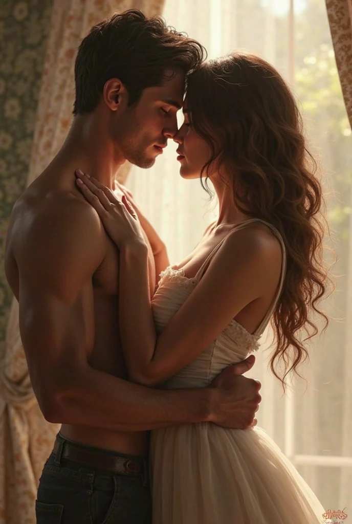 Beautiful woman hugging a handsome man inspired by Hendrik Giesler, seductive look. The man looks at the camera, The woman looks to the side. perfect quality. sexy.