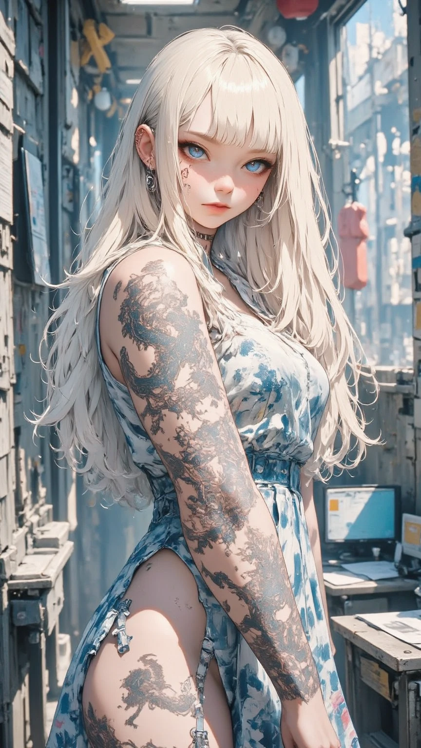 ((masterpiece )), (top quality), (best quality), ((Super detailed, 8K quality)), aesthetics, light, (Detailed line art), Ridiculous, (Best Essay), (high resolution), watercolor ink painting, pastel colors, warm color, best quality, delicate brushstrokes,
rest,
Confident cyberpunk Elf girl, Cowboy shooting, ((Standing in front of Fixie bike)), White and technical clothing, and black tape, Simon Beasley style, eye-catching accessories, Cyberpunk’s dizzying cityscapes, skyscraper, neon lights, LED light, (vague, Field department:1.3), cartoon, Detailed fabric texture, intricate details, art station, Cyberpunk style brushwork illustrations by Yoji Shinkawa, author：Haruhiko Mikimoto, 
rest,
very detailed (Elf), (1 girl), alone, perfect face, Eye for details, ahog, ((long hair:1.2)), (hair covering one eye:1.3), [[messy hair]], shiny blonde white hair, blue eyes, colorful hair, facial marks, (eyelash, eye shadow, pink eye shadow), Smile, design art author：Haruhiko Mikimoto, by kavasi, author：Amano Yoshitaka,
rest, 
((perfect anatomy)), Perfect body, Medium chest, (extremely delicate fingers), best hand, perfect face, pretty face, beautiful eyes, perfect eyes, (perfect fingers), correct anatomy, (gigantic and massive :1.1)Grooves reveal original skin