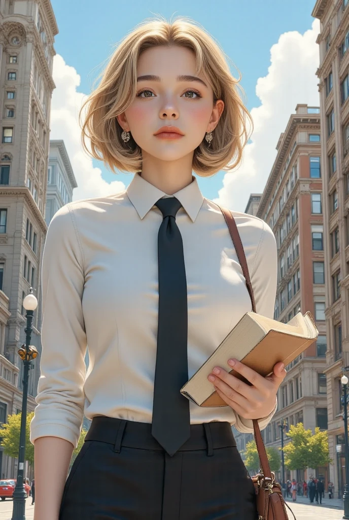 Create a female character with bobbed blond and curly hair, walking around a city, wearing dress clothes white dress shirt and black dress pants, holding books with both hands going to college alone big clothes