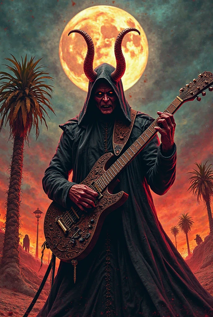 Satanas playing guitar with a pineapple tree behind them in hell and a giant satanic star in the sky