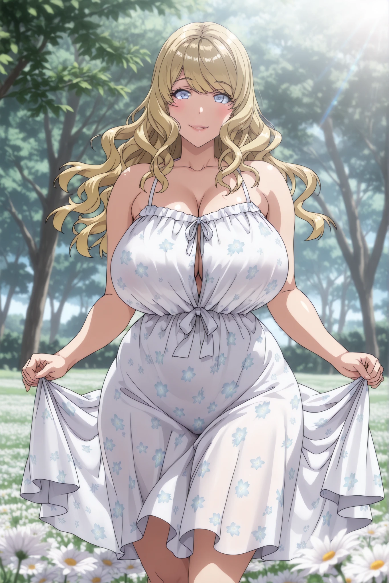 (masterpiece, best quality, ultra-detailed, 8k),
1girl, (solo:1.5), (voluptuous:1.3), (soft body:1.2), (natural curves:1.4),
(blonde hair:1.3), (long wavy hair:1.2), (bright blue eyes:1.3),
(round face:1.1), (rosy cheeks:1.1), (full lips:1.1),
(wearing summer dress:1.3), (floral pattern:1.2), (flowy fabric:1.2),
(standing in meadow:1.2), (sunlight through trees:1.3), (soft focus background:1.1),
(confident posture:1.2), (warm smile:1.2), (natural beauty:1.3)