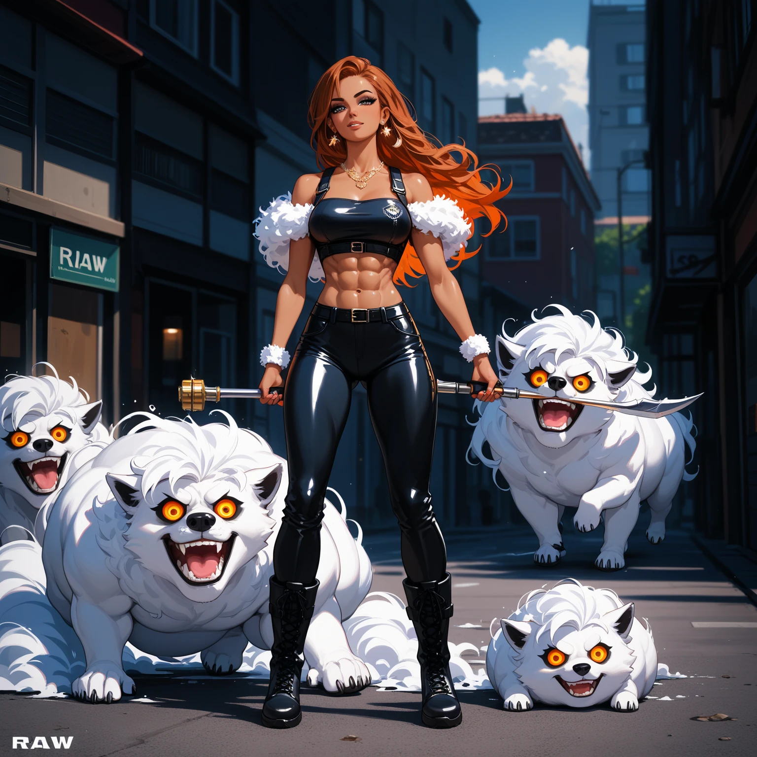 ((Masterpiece, UHD, 8k, raw, beautiful)), ((full body shot:1.4)), tall and powerfully built, with a defined, muscular physique that draws eyes and commands respect. Her dark skin contrasts sharply with her auburn hair, which is cropped short on one side and tumbles in messy waves on the other. Her gaze is fierce and confident—just one look and it’s clear she’s not someone to mess with, She wears a white, off-the-shoulder top with intricate lace detail that contrasts her powerful build, clinging to her toned upper body. Black, tight-fitting leather pants hug her legs, enhancing her dominant figure. Combat-style boots complete the look, adding weight to every confident step.
