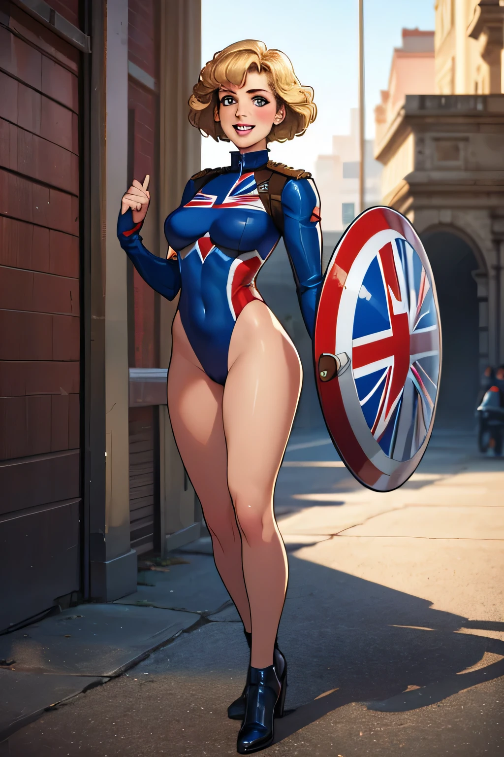(masterpiece:1.3), (8K, Realistic, RAW Photos, Highest quality: 1.4), (One Girl), Beautiful Face, (Realistic Face), Beautiful Hairstyles, Realistic eyes, Beautiful details, (Realistic Skin), Beautiful Skin, Absurd, charm, Ultra-high resolution, Ultra-realistic, Very detailed, Golden Ratio, (Best Shadow), Cinematic, (Complex:1.4), High Contrast, Side lighting, ((Princess Diana)), ((laughing:1.0)), ((Accurate hands and fingers)), ((captain Britain)), Caucasian female, (Blonde Hair, short hair:1.3), (she have UnionJack leotard), (she have UnionJack large round shield), BREAK ((full body))