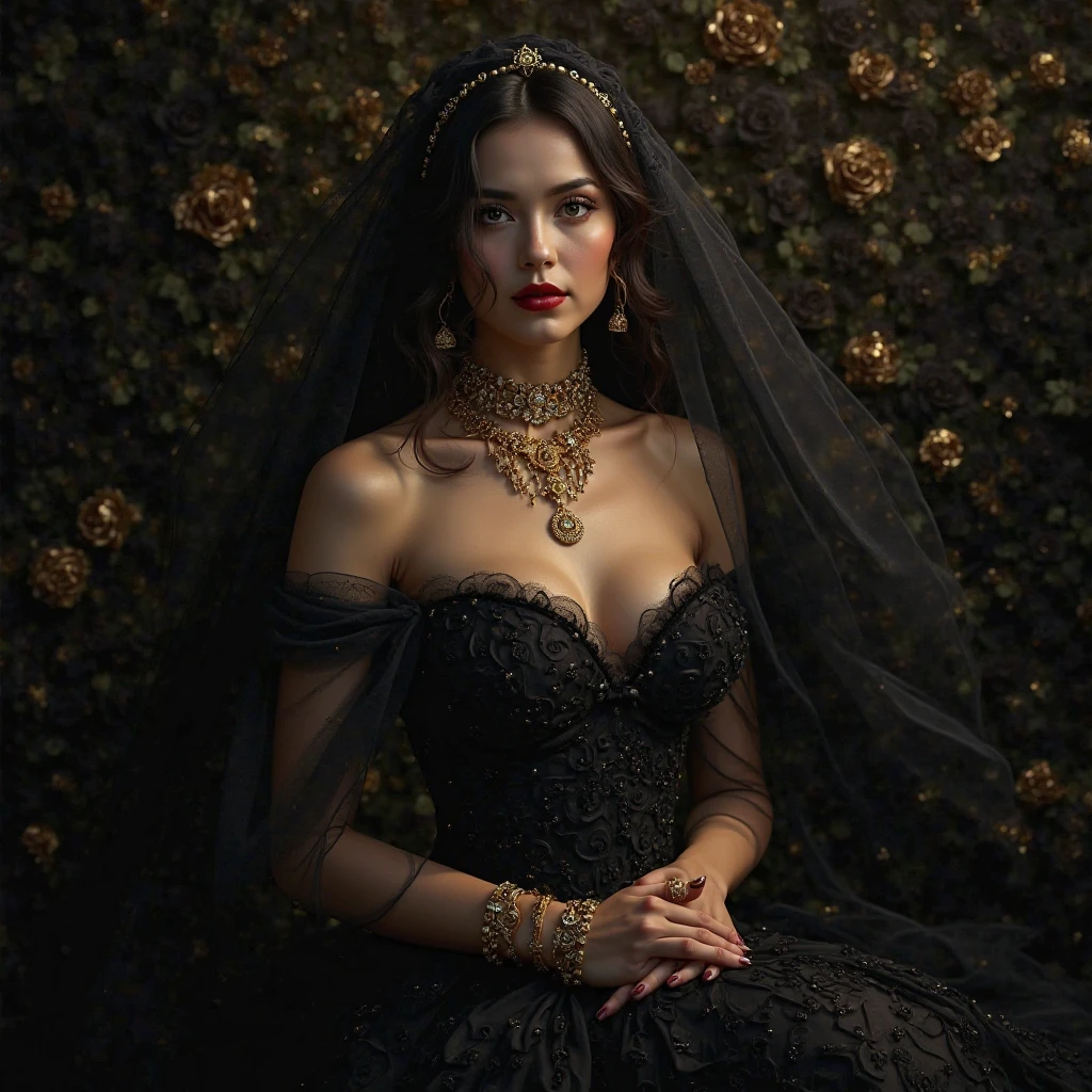 Beautiful sexy woman long black dress with veil on her head on her very sexy head and gold jewelry all over her body .  and black roses black hair 