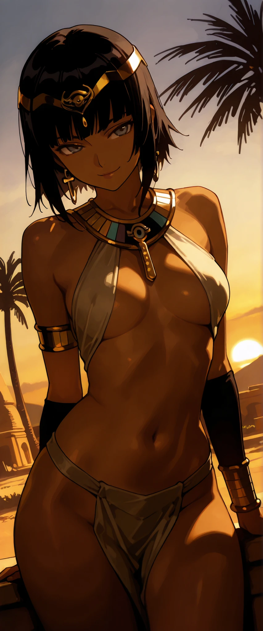 (Masterpiece: 1.2), (Best Quality: 1.2), Perfect Eyes, Perfect Face, Perfect Lighting, Photography, 1girl, SSAHC, Dark Skin, Lower Breasts, Navel, Sleek Abdomen, Colorful Tribal Dress, Headdress, Thick Eyelashes, Makeup, Eyeshadow, Medium Hair, Oasis, Desert Detail Outdoor Background, Ref, Professional Lighting