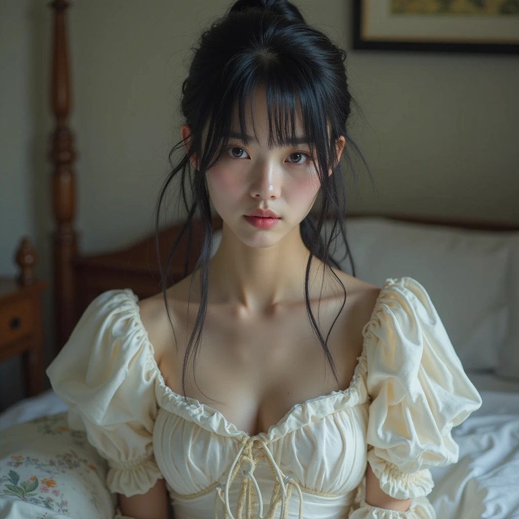 a woman with huge tits, long hair, long hair in a low ponytail, nurse's cap, wide open eyes, cat ears, surrealistic, contemporary art, realism, silhouette, chiaroscuro, first-person view, F/1.8, ultra HD, artwork, 16K, 8K