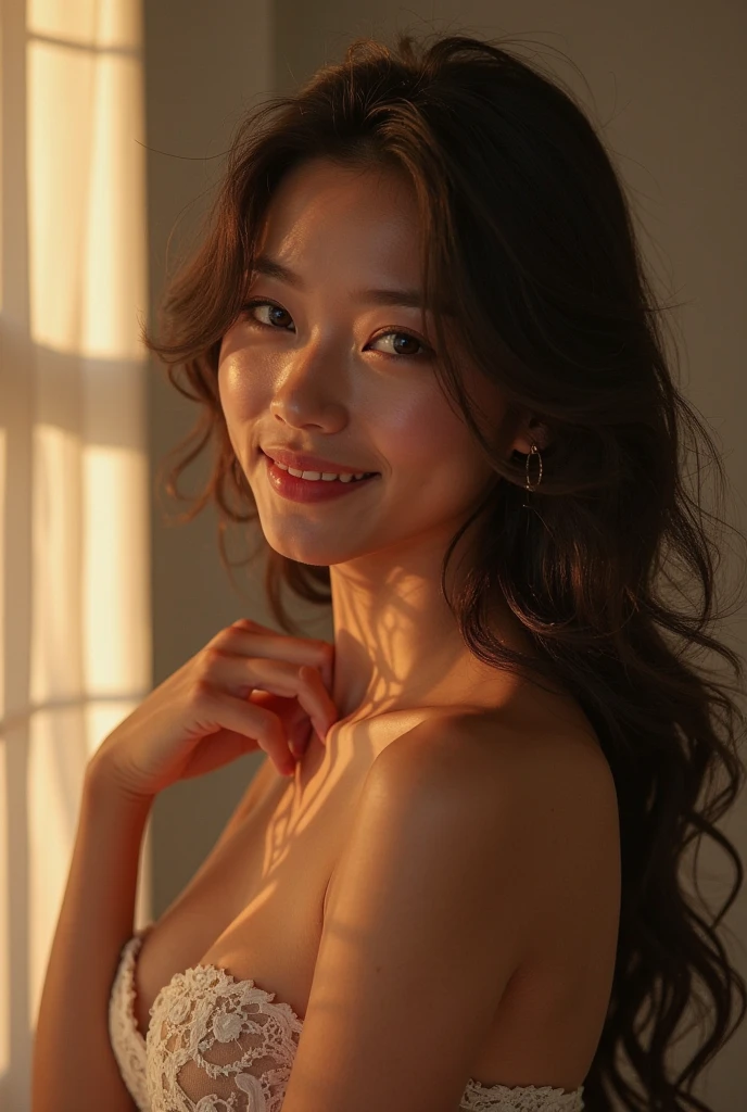 highest quality、8k Masterpiece、superA high resolution、(Photorealistic:1.3)、RAW Photos、1 girl、Black Hair、extremely detailed Glowing Skin、50 years old、Portrait、Global Illumination、Shadow、Octane Rendering、8k、Super sharp、Beautiful breastetal、Cold colors、Very intricate detailuch Light、CGSoation Trend、extremely detailed Beautiful Eyes、Shining Eyes、To the camera、Neon Details、extremely detailed Clear skin、long hair、smile、Featured on cosmetics website、Elegance、Photo Studio、short hair、naked、more lighting, photo painting, Picture-perfect, white skin