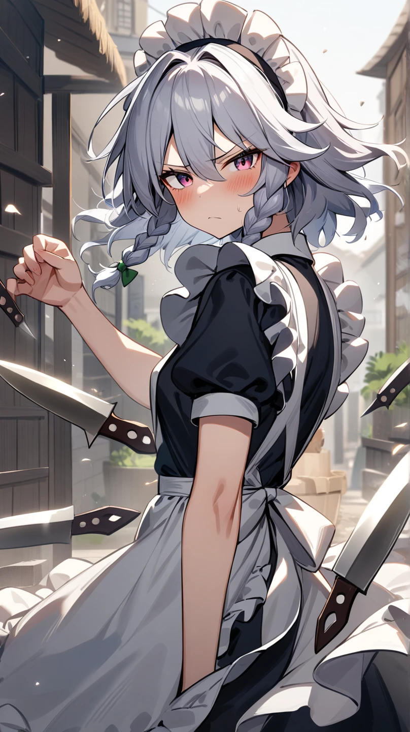 ishikeistyle, 1girl, izayoi sakuya, touhou, solo, blue eyes,maid headdress, maid, apron, short sleeves, dress, closed mouth, white apron, looking at viewer, maid apron, puffy short sleeves, frills, puffy sleeves, black dress, frilled apron, hair between eyes, outdoors, blush, throwing knives, knives, serious face, upper body, masterpiece, best quality, very aesthetic, absurdres