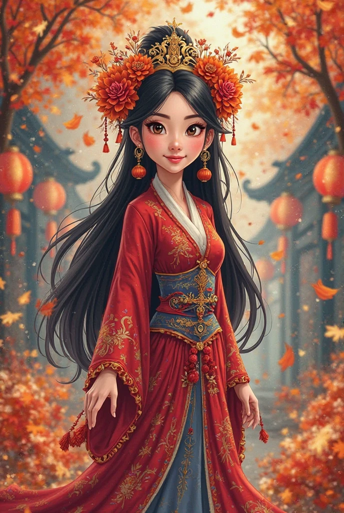 Create an image of Princess Mulan dressed for Halloween, em desenho