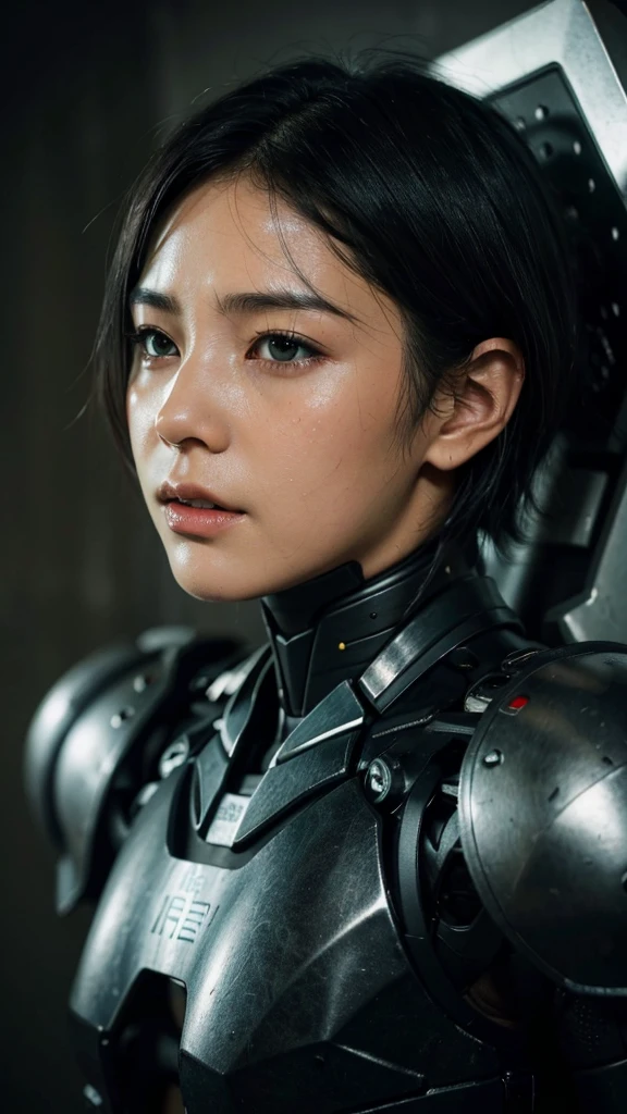 Textured skin, Very detailed, Attention to detail, high quality, 最high quality, High resolution, 1080P, hard disk, beautiful,(War Machine),beautifulサイボーグ女性,Mecha Cyborg Girl,Battle Mode,Girl with a mechanical body Black Hair Short Hair Boyish Dark green armor Sweaty and wet face (Being slammed into a wall)(Headgear breaks and flies off) (Debris flying away)Steam coming from the head Steam coming out of the whole body Painful expression Please open your mouth wide Snug-fitting headgear Black Inner Suit Full body portrait Gas mask with a long nozzle(front)