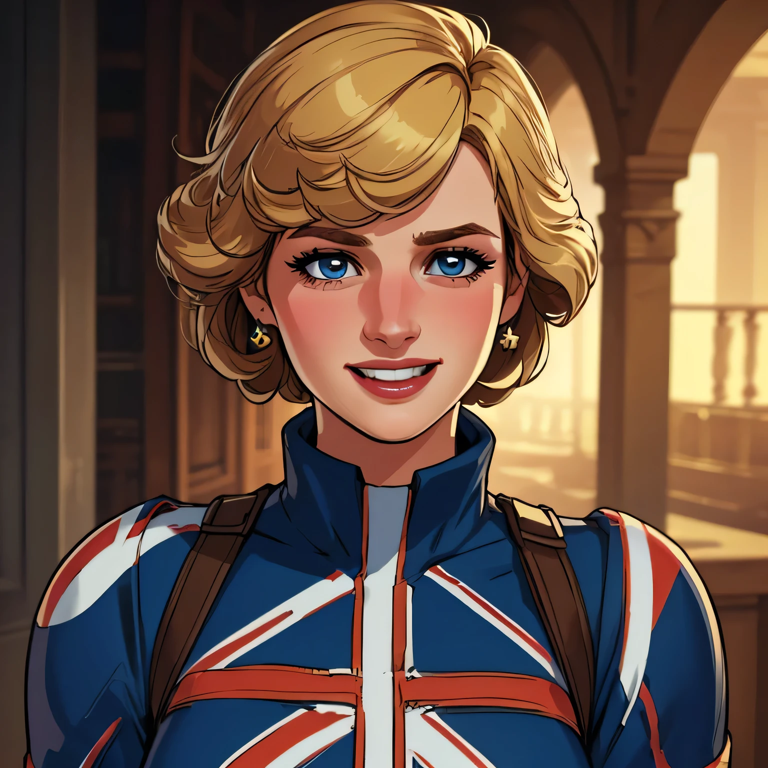 (masterpiece:1.3), (8K, Realistic, RAW Photos, Highest quality: 1.4), (One Girl), Beautiful Face, (Realistic Face), Beautiful Hairstyles, Realistic eyes, Beautiful details, (Realistic Skin), Beautiful Skin, Absurd, charm, Ultra-high resolution, Ultra-realistic, Very detailed, Golden Ratio, (Best Shadow), Cinematic, (Complex:1.4), High Contrast, Side lighting, ((Princess Diana)), ((laughing:1.0)), ((Accurate hands and fingers)), ((captain Britain)), Caucasian female, (Blonde Hair, short hair:1.3), (she have UnionJack costume), (she have UnionJack large round shield), BREAK ((cowboy shot))
