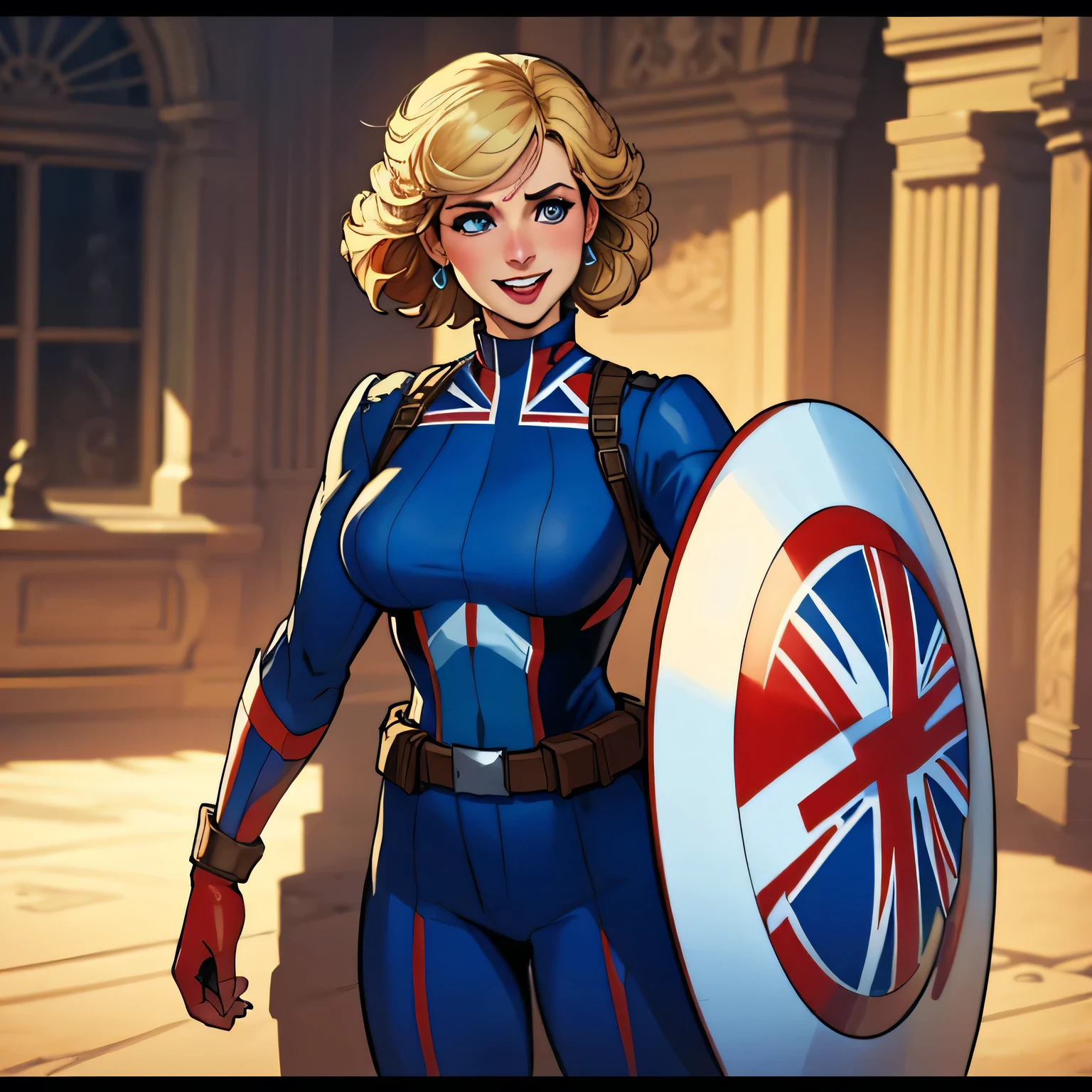 (masterpiece:1.3), (8K, Realistic, RAW Photos, Highest quality: 1.4), (One Girl), Beautiful Face, (Realistic Face), Beautiful Hairstyles, Realistic eyes, Beautiful details, (Realistic Skin), Beautiful Skin, Absurd, charm, Ultra-high resolution, Ultra-realistic, Very detailed, Golden Ratio, (Best Shadow), Cinematic, (Complex:1.4), High Contrast, Side lighting, ((Princess Diana)), ((laughing:1.0)), ((Accurate hands and fingers)), ((captain Britain)), Caucasian female, (Blonde Hair, short hair:1.3), (she have UnionJack costume), (she have UnionJack large round shield), BREAK ((cowboy shot))