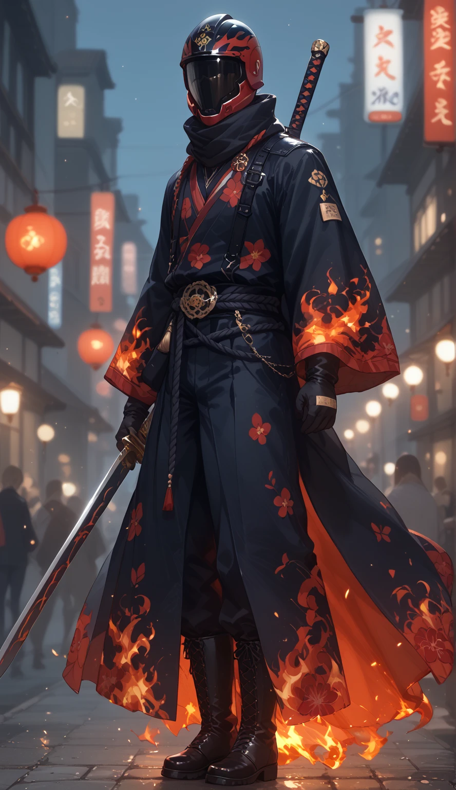 anime touch、solo, Japanese woman、 holding a Japanese sword in hand、black rider suit(fire pattern)、black full face helmet with Japanese sword in hand(fire pattern)、is standing、night、On the streets of the city、masterpiece、 top quality、Beautiful Skin、Unbroken Body、Limbs that haven't gone bankrupt、unbroken fingers、 black gloves、Black rider boots、??????????????