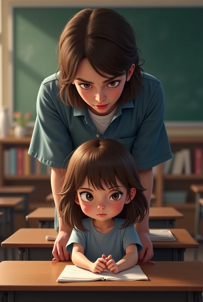 Make a girl with brown hair get scolded by her teacher