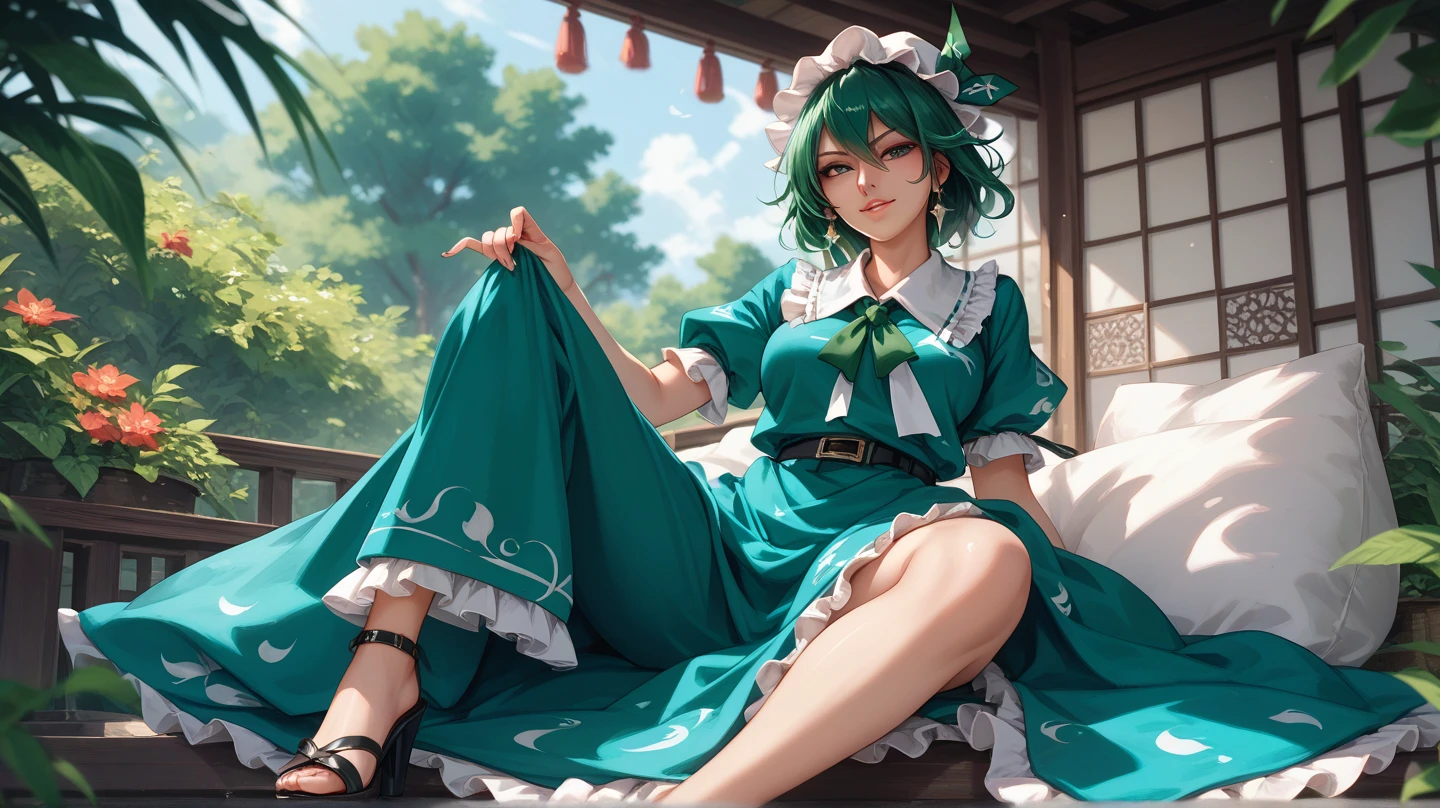 kazami_yuuka(Touhou),(Detailed face),beautiful,luxury,(complicated),(masterpiece),(highest quality),lace_lingerie ,sexy_sitting ,zoom,panty focus,詳細でbeautiful顔,evil smile,detailed eye,Beautifully detailed eyes,Long eyelashes,beautiful唇,Provocative,Red plaid clothes,A wide variety of flowers in the background,blood,beautiful leg,opened legs,Normal human body,2hands,2legs ,sagging breast,biggest hip,biggest breast,