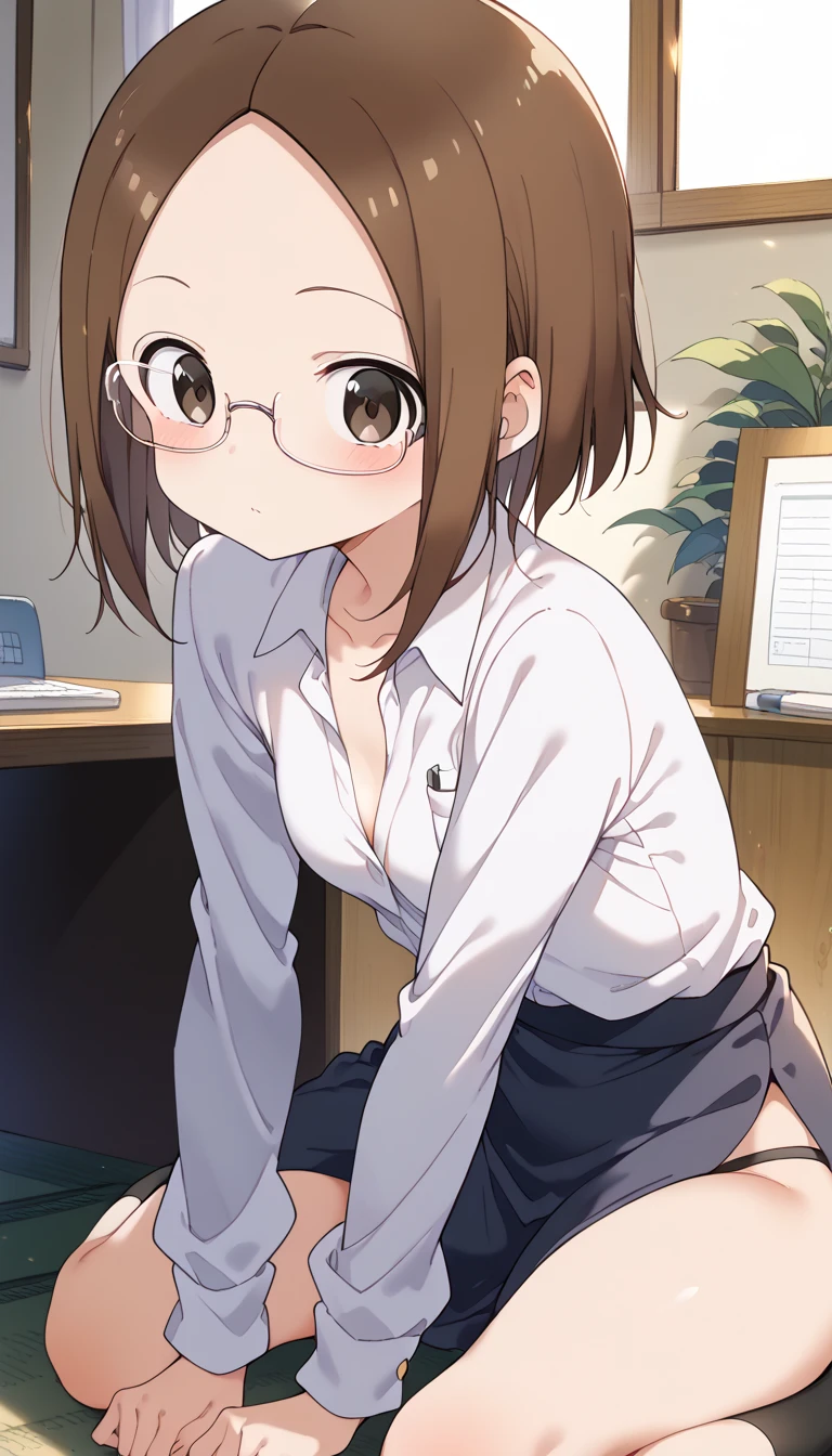 ninomae ina'nis,tentacle hair,kneeling,spread legs,black panties,office shirt,flat chest,arms behind head