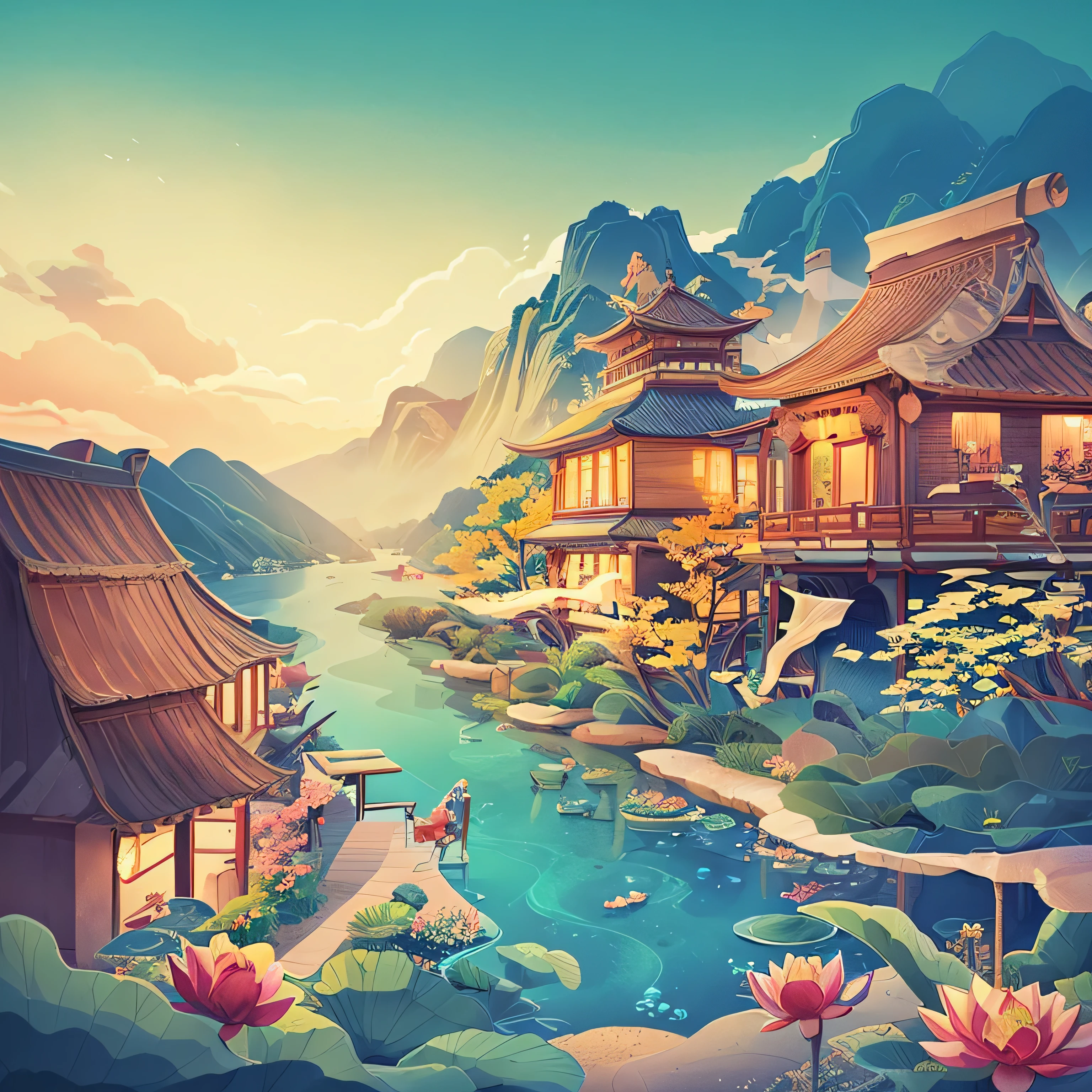 Little house with a bird's-eye view，panoramic