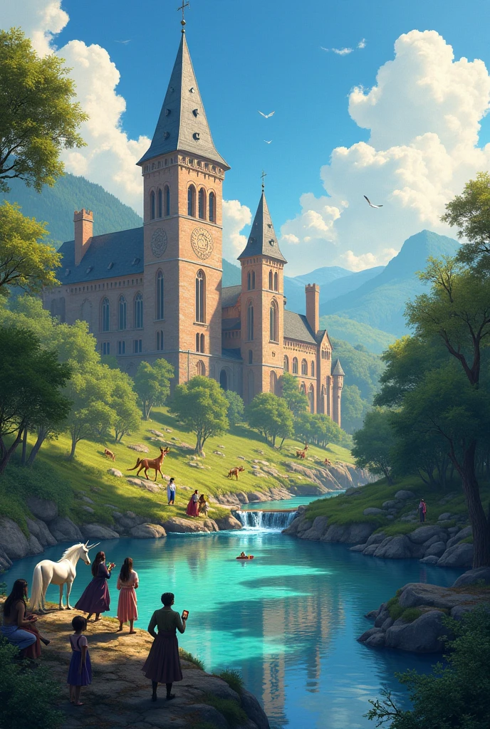  Make me an illustrated card showing a college with a lake in front and some students using magic and talking to magical and mythical animals, HD FULL ART COLORK 