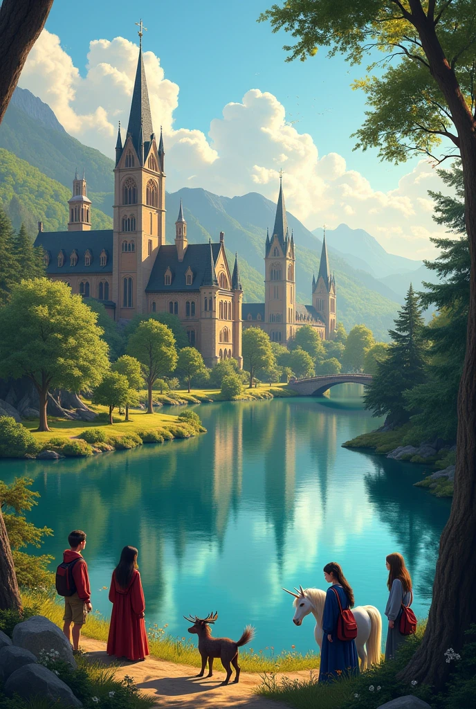 Make me an illustrated card showing a college with a lake in front and some students using magic and talking to magical and mythical animals, HD FULL ART COLORK