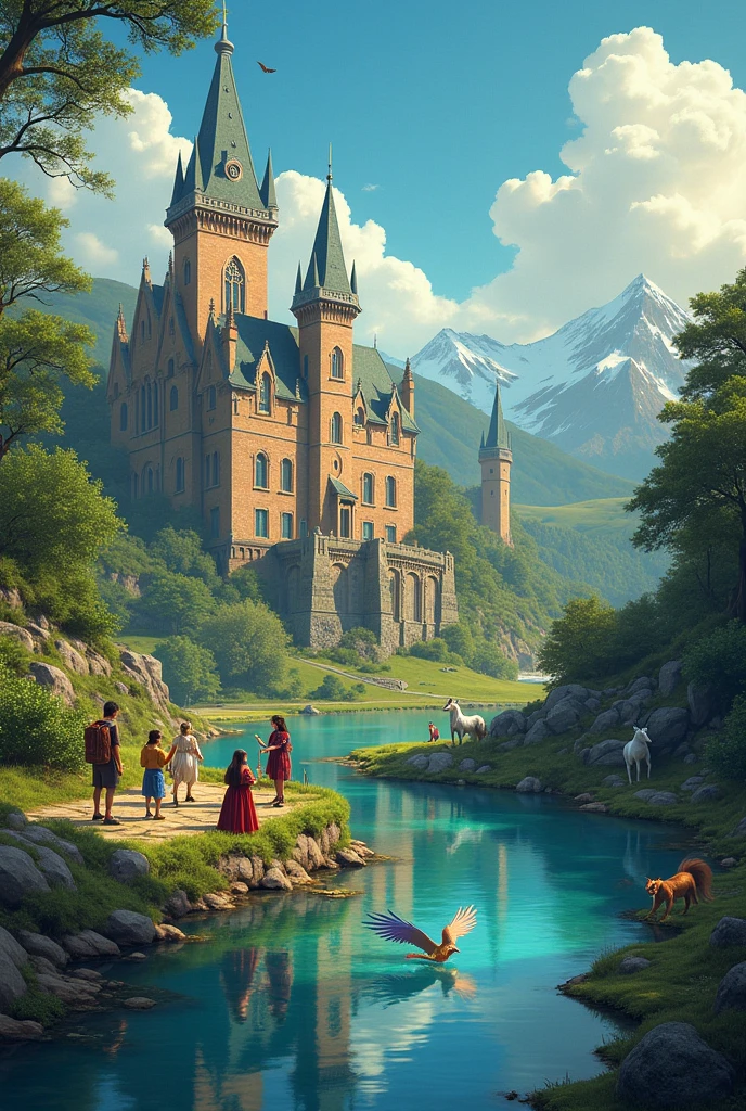 Make me an illustrated card showing a college with a lake in front and some students using magic and talking to magical and mythical animals, HD FULL ART COLORK 