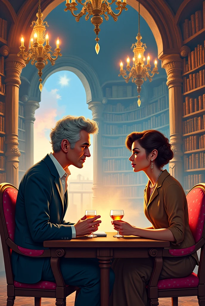 Marie Curie and José María Arguedas talking in an anime library