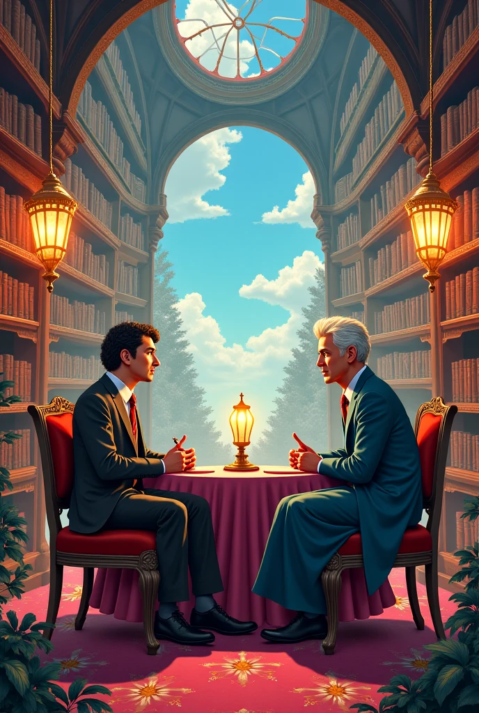 Marie Curie and José María Arguedas talking in an anime library