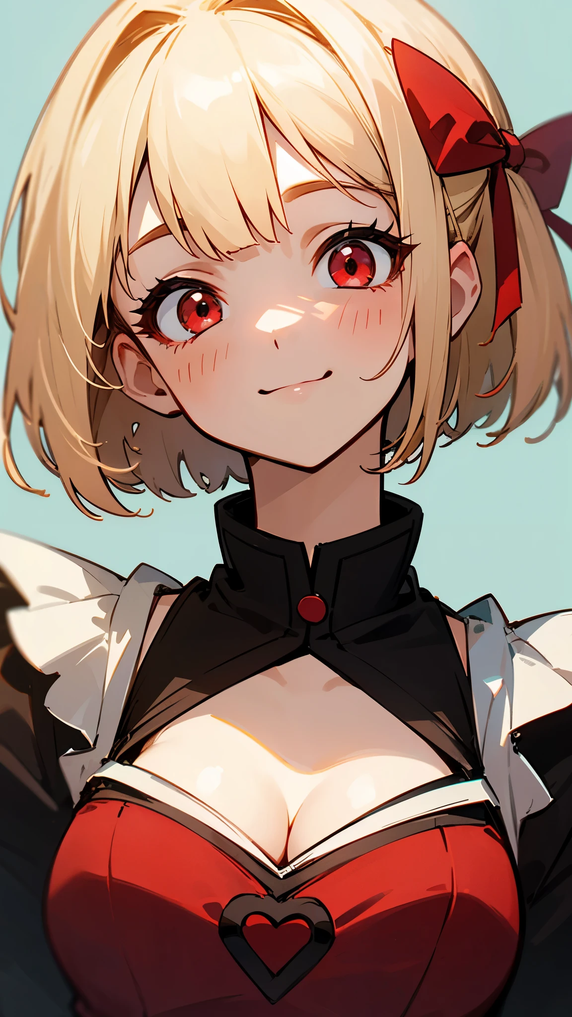 one girl 、solo、licorice recoil、short hair on mouth and chin、bungs、blond hair、red eyes、hair bow、one side up、bob cut、smile、is embarrassing、cleavage、upper body close-up、masterpiece、top quality、great quality、absurd