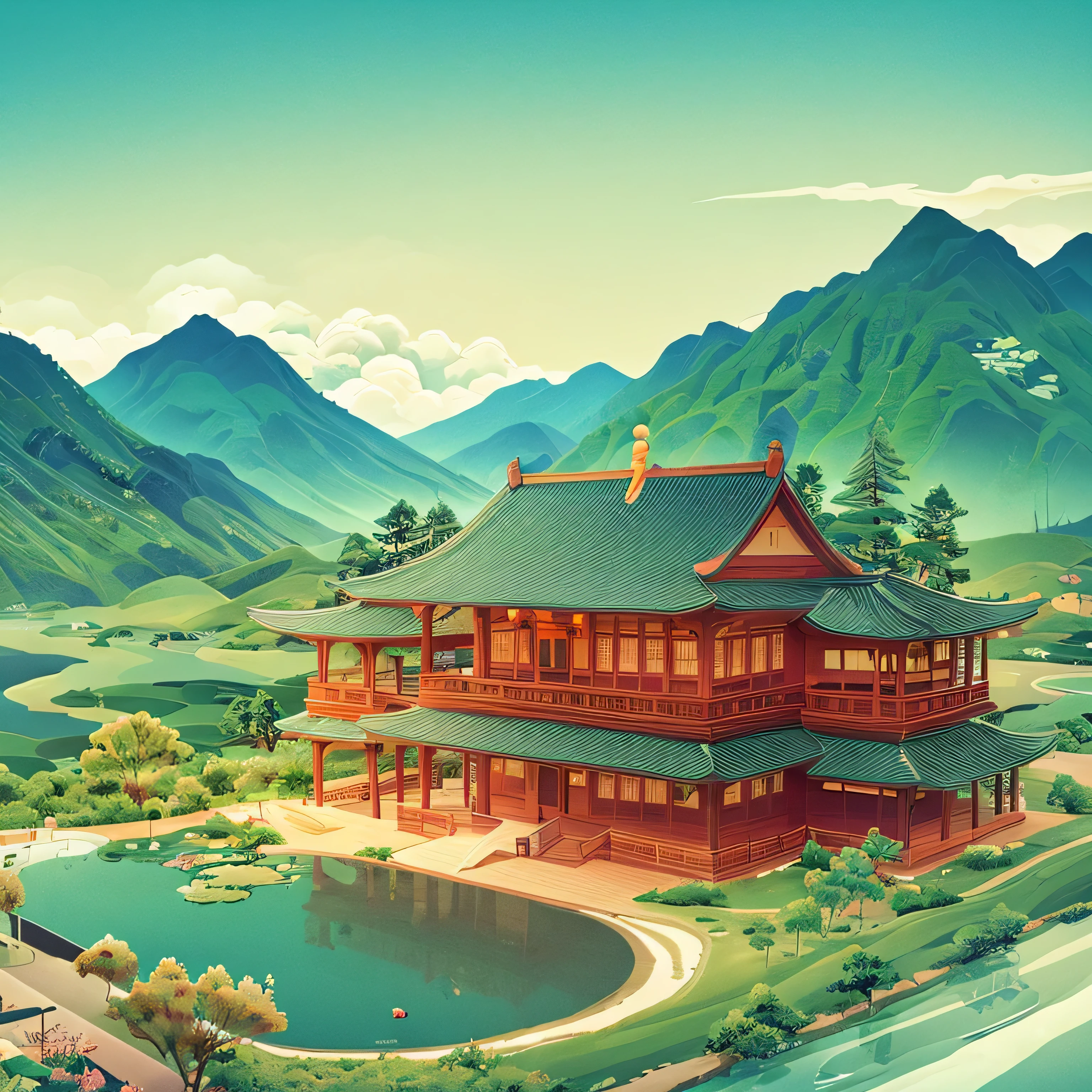 Panoramic view of the house from a bird's-eye view，Northern Song style