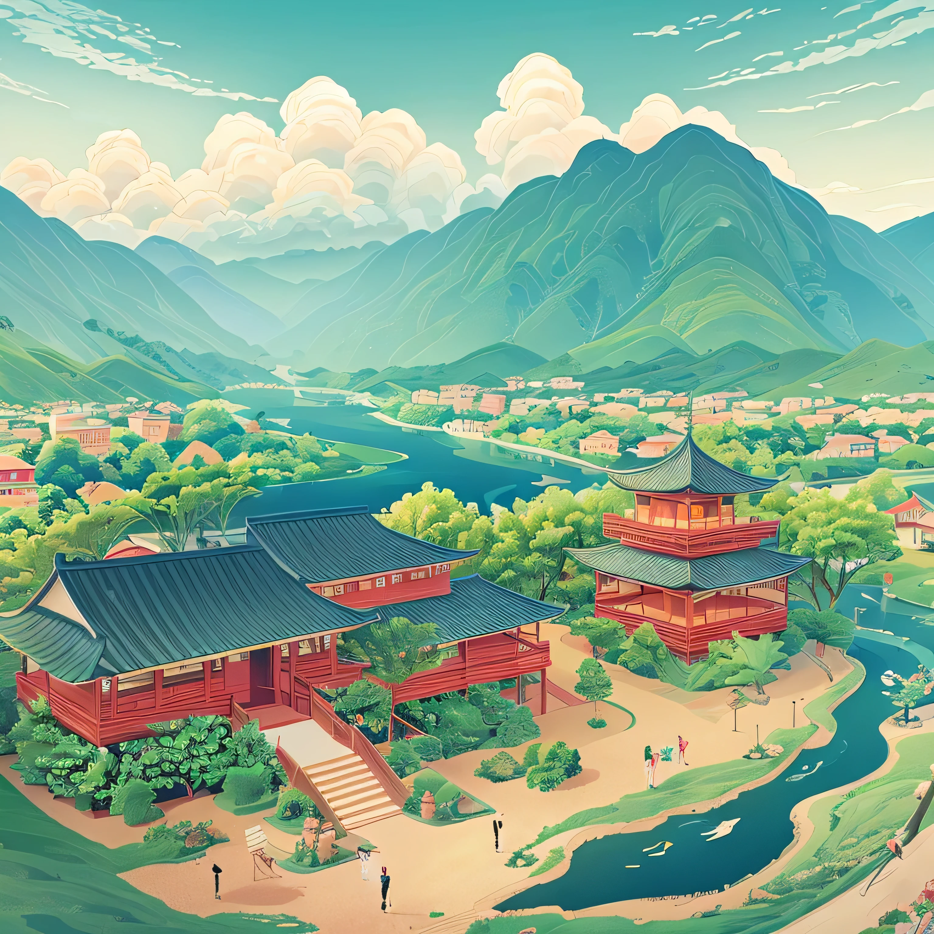 Panoramic view of the house from a bird's-eye view，Northern Song style