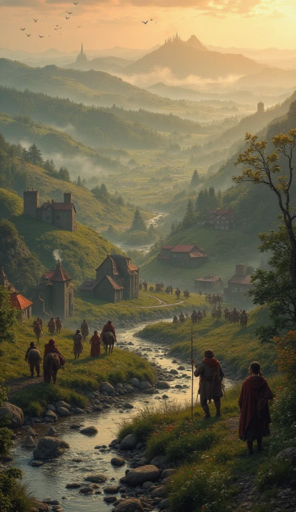 In a sprawling, misty landscape, depict the formation of England a thousand years ago, with rolling hills and dense forests, where common land is being parcelled out to nobles, their manor houses and villages scattered across the horizon. Nomadic tribes, with their colorful tents and horses, are seen migrating in the distance, their way of life juxtaposed with the ancient, mystical practices of a solitary witch, surrounded by candles, herbs, and strange artifacts, her eyes fixed intently on the night sky. In the foreground, hunters and fishermen, clad in leather tunics and woolen cloaks, are shown reeling in fish from a babbling brook, and carrying freshly caught game, while others forage for berries, mushrooms, and edible roots, highlighting the ancient way of life's harmony with nature. The atmosphere is tranquil, with the warm hues of sunset casting a golden glow over the scene, as wisps of smoke rise from the chimneys, carrying the promise of a thriving community.