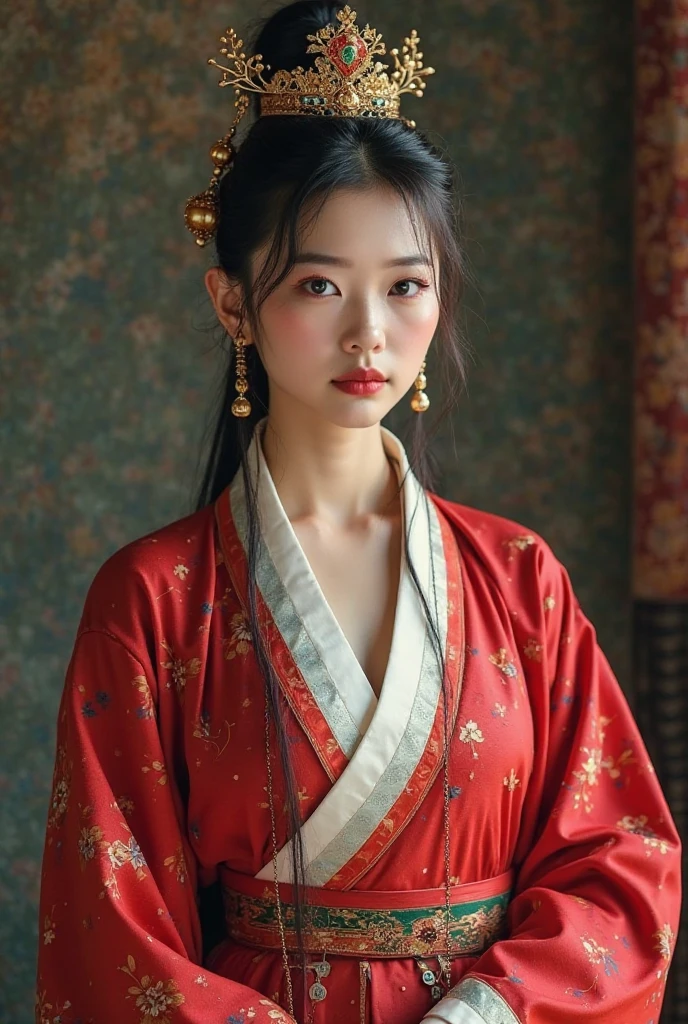 Ancient Chinese Aneuk dara, Jih pakek ancient costume mirah, itam hair tied high deungon old style ngon taloe kaye, umu ih 20 thon, amulet cabeung bungong lang bak jaroe, jia jisenyum bacut ngon curvy nyang deuh bak cheep south.