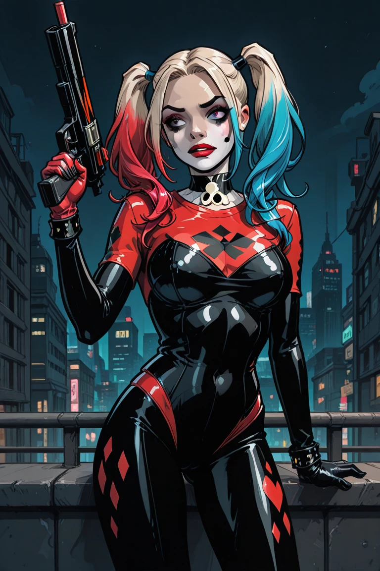 Harley Quinn,bouche ouverte tirant la langue ,provocatrice, big huge breasts, Torn pants, Combat Ready, avec un pistolet dans chaque mains, visant l objectif en pov