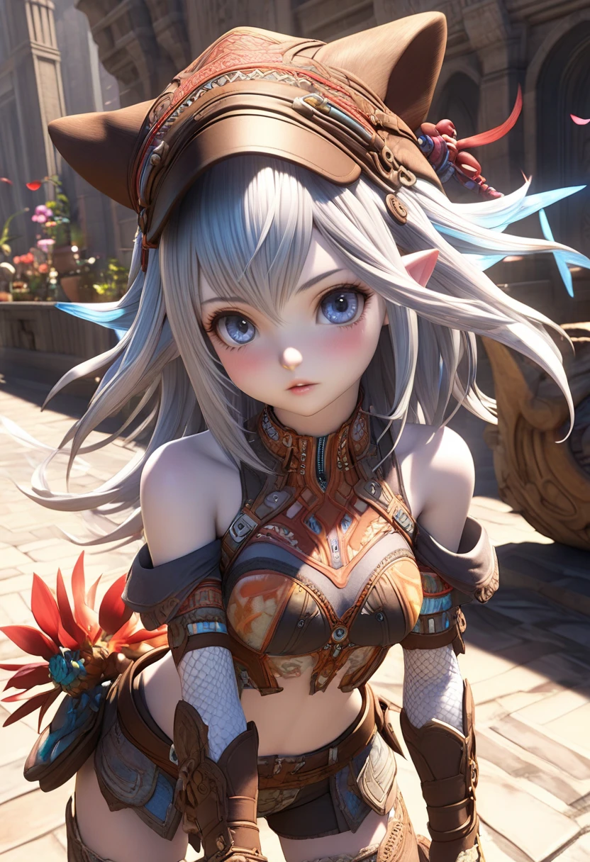 ,A girl , ((, one of Final Fantasy XII's futuristic clothing style )),((Hair variant )),Rasa Viera Final Fantasy XII,4k,delicate skin, impressive breasts ,detailed lighting,Cara detallada, dazzling skin ,bare shoulder,3D,anime art,cup breasts,Hot expression,long eyelashes, petal-textured clothing ,Details of (( Grandes Details of madera en la ropa)),Small breasts ,round face, ,white skin,Boca Peña ,full body,City of Rabanasta from Final Fantasy XII,((leather hat ))