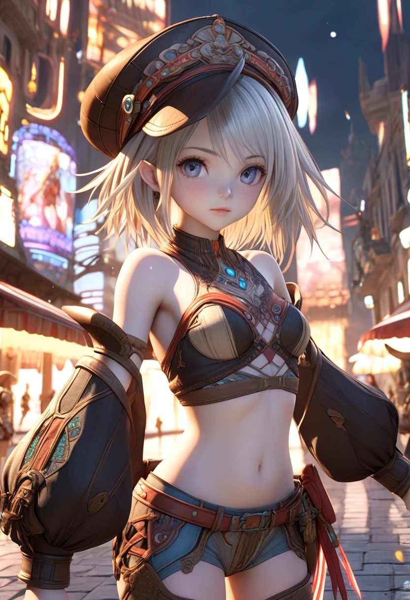 ,A girl , ((, one of Final Fantasy XII's futuristic clothing style )),((Hair variant )),Rasa Viera Final Fantasy XII,4k,delicate skin, impressive breasts ,detailed lighting,Cara detallada, dazzling skin ,bare shoulder,3D,anime art,cup breasts,Hot expression,long eyelashes, petal-textured clothing ,Details of (( Grandes Details of madera en la ropa)),Small breasts ,round face, ,white skin,Boca Peña ,full body,City of Rabanasta from Final Fantasy XII,((leather hat ))
