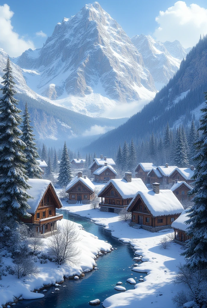 realistic image of small town surrounded by mountains and pine forest with snow 