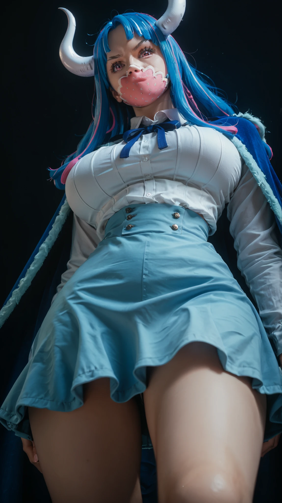 ult1, 1 girl, blue cape, blue skirt, large breasts, white shirt, mask, looking at viewer, black background, shirt tucked into pants, high-waisted skirt, plain background, bottom view, white horns, blue hair, pink streaks,