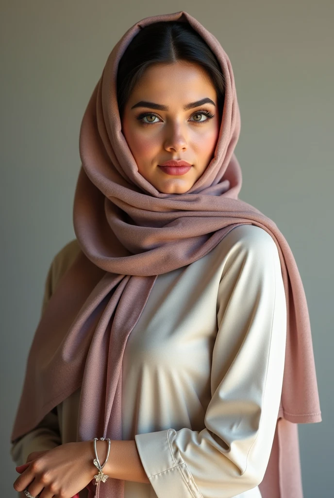 An ultra realistic, high resolution portrait of a beautiful Muslim woman wearing white and red hijab with stunning scenery in the background of Paris, France, posing for the camera. The color theme is white and red, It must have high details and sharp focus.