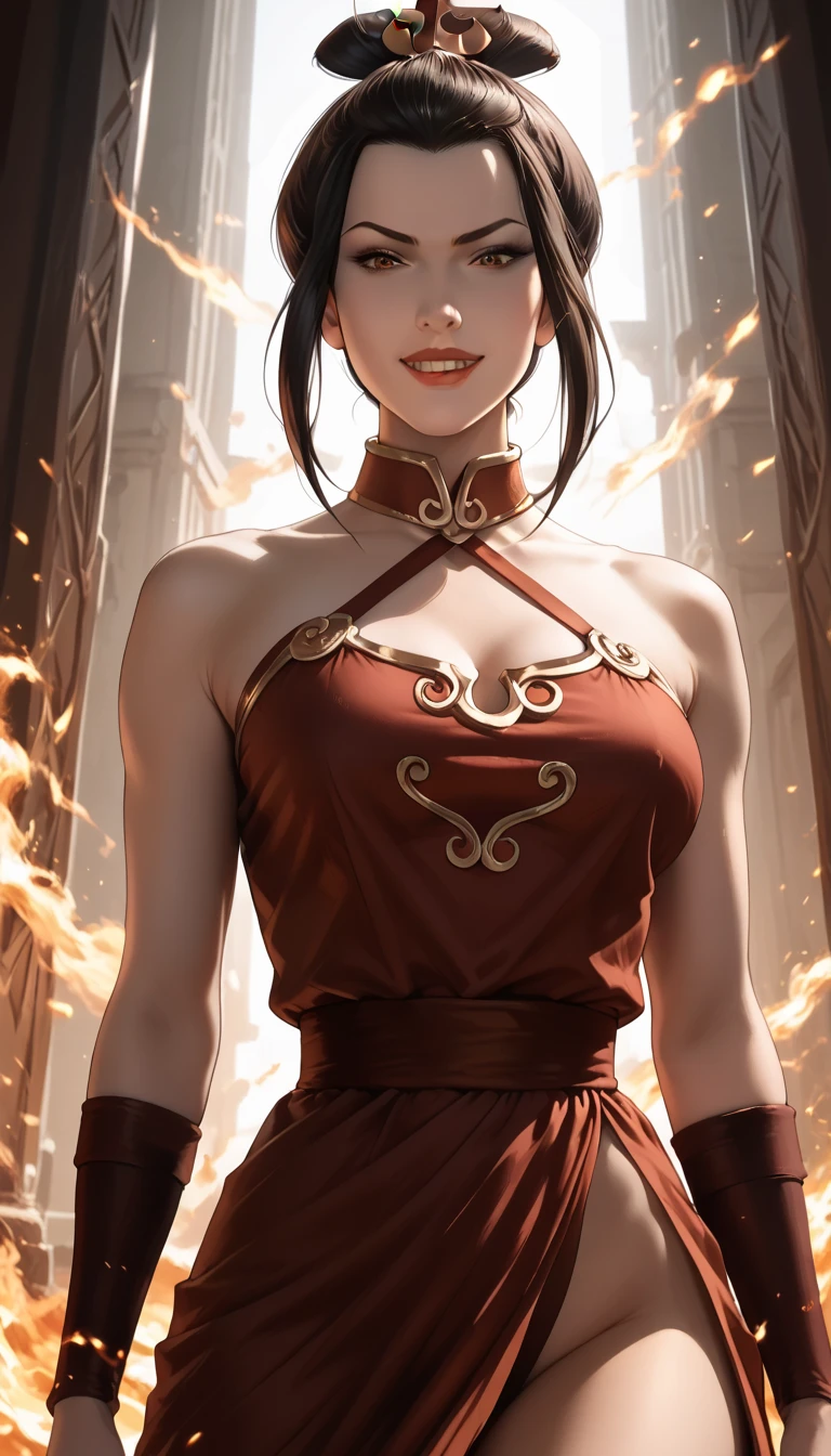 nsfw, princess azula, revealing outfit, fire storm, sexual gaze, looking down at viewer, smile, detailed character portrait of princess azula, wearing a revealing outfit, intense sexual gaze directed at viewer, smiling confidently, fire storm in background, 8k, hyper detailed, photorealistic, intricate, cinematic lighting, dramatic atmosphere, vibrant colors, dark fantasy, concept art style