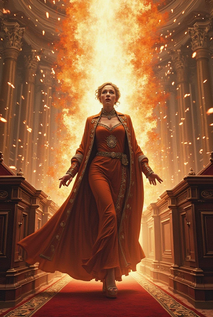 Draw a beautiful female member of parliament being blown away by a beam cannon