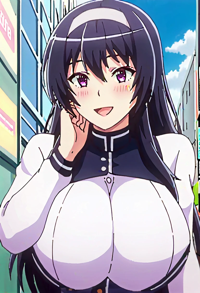 ai hoshino, purple hair, purple eyes, star-shaped pupils, oshi no ko,(jk huge breasts),milf,mature female,curvy body,good detail,one eye closed,giga size,taller then a mountain,looming over a city,destruction,beautiful,seductive smile,temptation,shining eyes,full body,destroyed cities,sitting down,detailed face,temptation, farting, blasting farts, biting lips