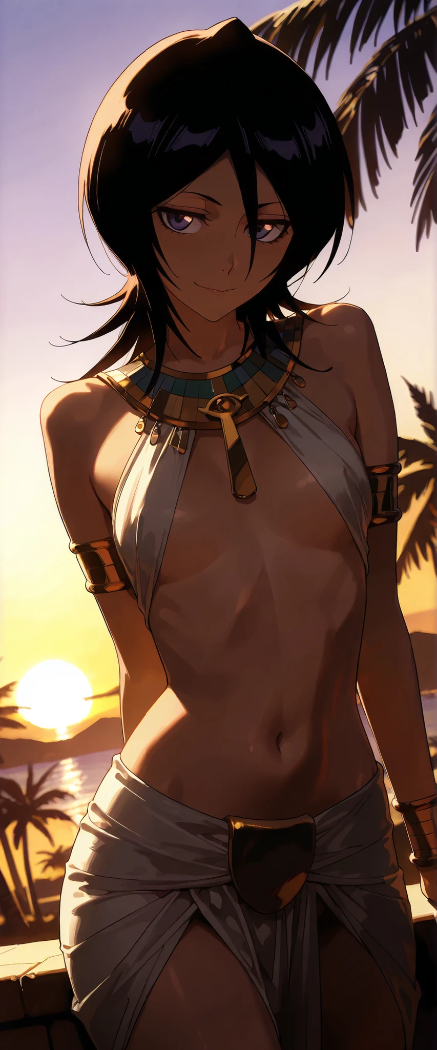 1 woman, rukia kuchiki, dutch angle, dark hair, violet eyes, ancient egypt attire, bare belly, pharaoh, beautiful jewelry, seductive smile, seductive pose, outdoors, ancient egypt city, palm trees, sunset, chiaroscuro, masterpiece, high quality, highly detailed