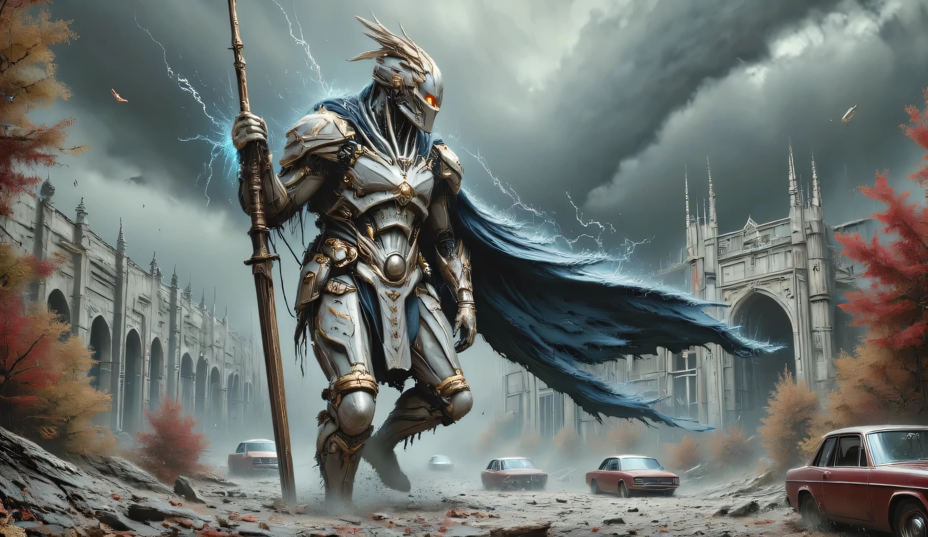 Maximalism, realism. A combat techno knight of the future, in dirty white armor with gold elements. He has a golden crest on his head. He is clutching a long brown-colored blade stuck into the ground. The blade sparkles with blue sparks and lightning. A long blue cloak burning with a blue flame. A giant knight walks over the ruins of white marble buildings. Nearby there are small red cars of the forties of the twentieth century. The sky is full of thunderclouds. The knight has golden eyes. autumn. red and yellow leaves are falling from the sky. horror