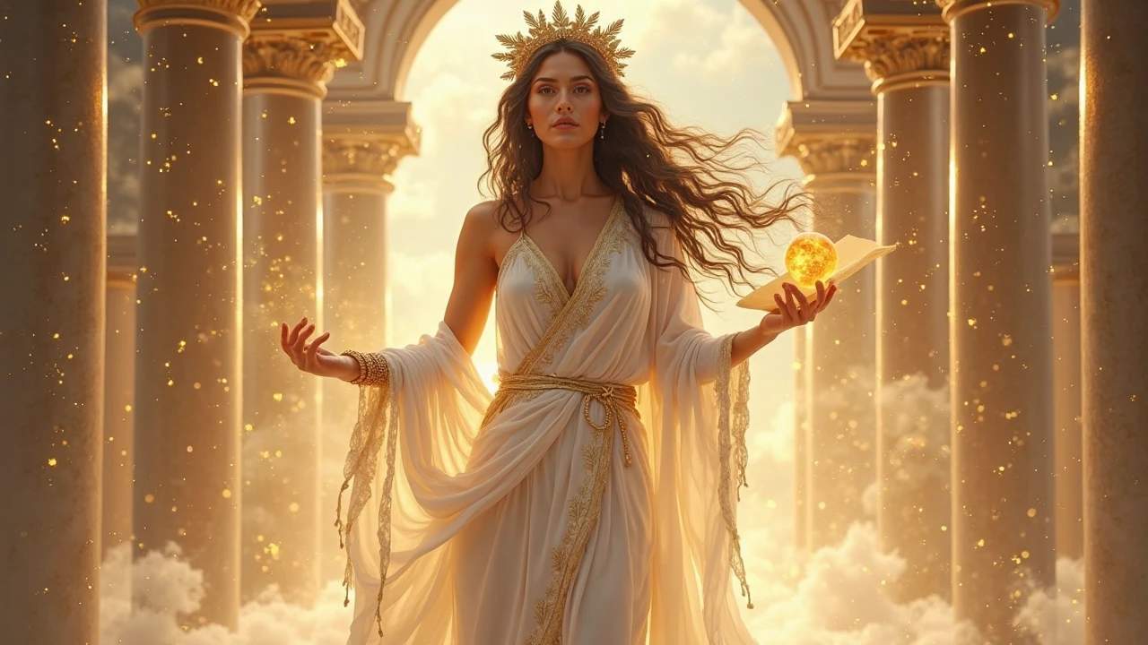 A brilliant image of Metis, the Greek goddess of wisdom, standing in a translucent temple filled with golden light. She wore a white chiton dress with a silver and gold cat owl pattern, Symbol of wisdom. The serene face shines with wisdom, deep eyes sparkle tenderly. Wavy black hair crowned with bay leaves and stars. One hand holding a glowing scroll of paper signifying knowledge, with the other hand holding the faint prophetic orb. The background is a starry sky and clouds suggestive of Zeus, allusion to tragic fate. fanciful, high detail, 4K, Classical Greek Renaissance art style