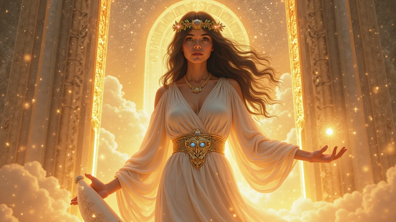 A brilliant image of Metis, the Greek goddess of wisdom, standing in a translucent temple filled with golden light. She wore a white chiton dress with a silver and gold cat owl pattern, Symbol of wisdom. The serene face shines with wisdom, deep eyes sparkle tenderly. Wavy black hair crowned with bay leaves and stars. One hand holding a glowing scroll of paper signifying knowledge, with the other hand holding the faint prophetic orb. The background is a starry sky and clouds suggestive of Zeus, allusion to tragic fate. fanciful, high detail, 4K, Classical Greek Renaissance art style