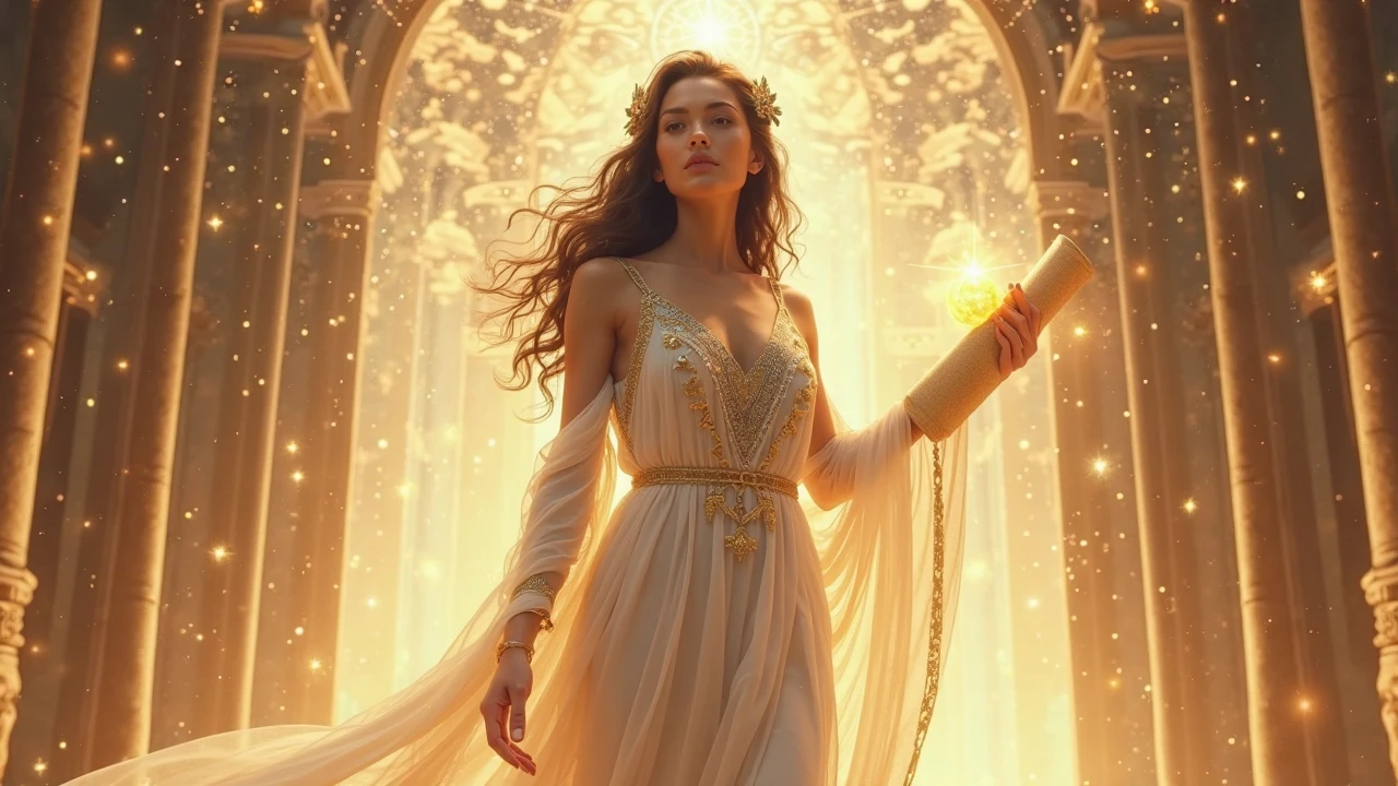 A brilliant image of Metis, the Greek goddess of wisdom, standing in a translucent temple filled with golden light. She wore a white chiton dress with a silver and gold cat owl pattern, Symbol of wisdom. The serene face shines with wisdom, deep eyes sparkle tenderly. Wavy black hair crowned with bay leaves and stars. One hand holding a glowing scroll of paper signifying knowledge, with the other hand holding the faint prophetic orb. The background is a starry sky and clouds suggestive of Zeus, allusion to tragic fate. fanciful, high detail, 4K, Classical Greek Renaissance art style